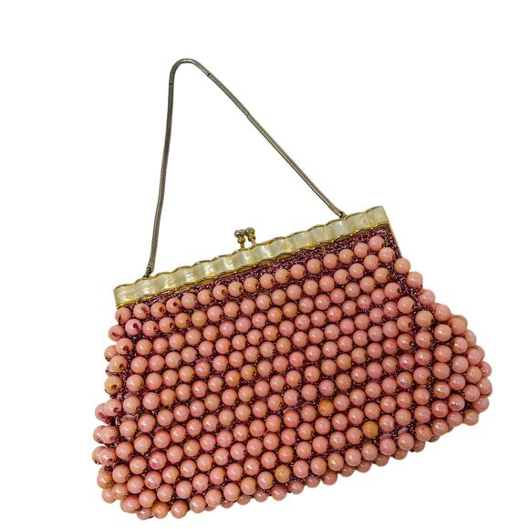 Vintage Hand Beaded Bag Hong Kong Pink Gold Pearlescent Snap Top Wristlet - Picture 1 of 9